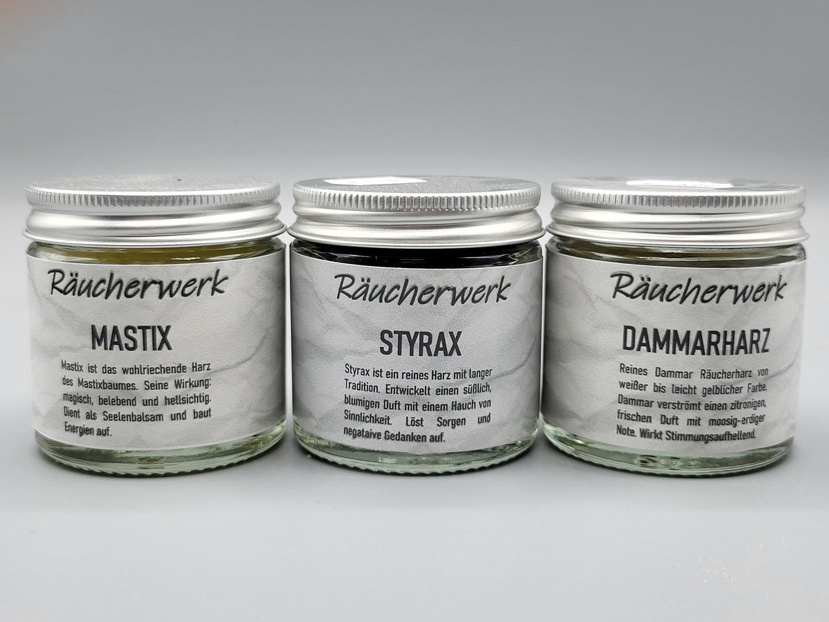 3 Weihrauchsorten im Set, zum probieren, Styrax, Mastix, Dammar, Räuchermischungen, MA-FUMO