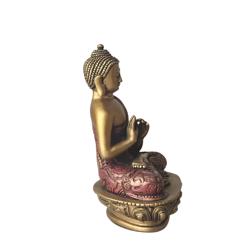 Gesicht nach rechts: Buddha-Statue „Rad des Dharma“ in Rot und Gold, Seitenansicht mit Gesicht nach rechts und erhobenen Händen