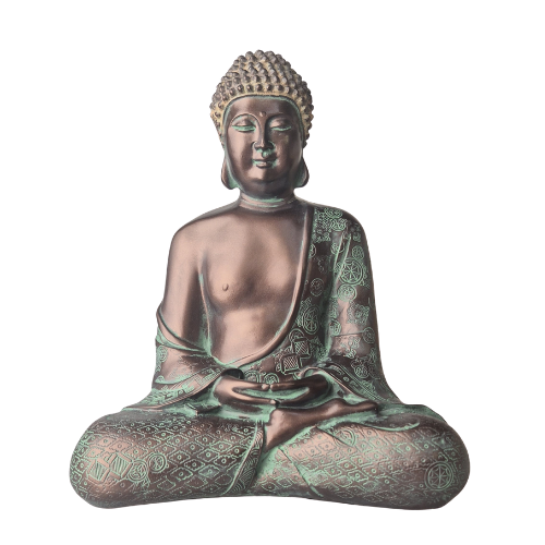 Buddha-Statue „Meditation“ in patinierter Bronzeoptik mit grünen Akzenten, verziertem Gewand und Händen im Schoß, Vorderansicht.