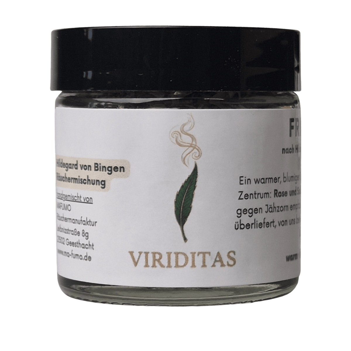 Glastiegel mit Logo Viriditas aus der Serie Hildegard von Bingen Räuchermischungen - exklusiv bei MAFUMO