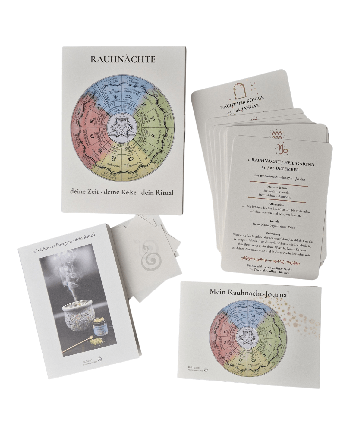 Rauchnacht-Set mit 13 Karten, Anleitung und Wunschritual und Journal - Sicht von oben auf den Inhalt