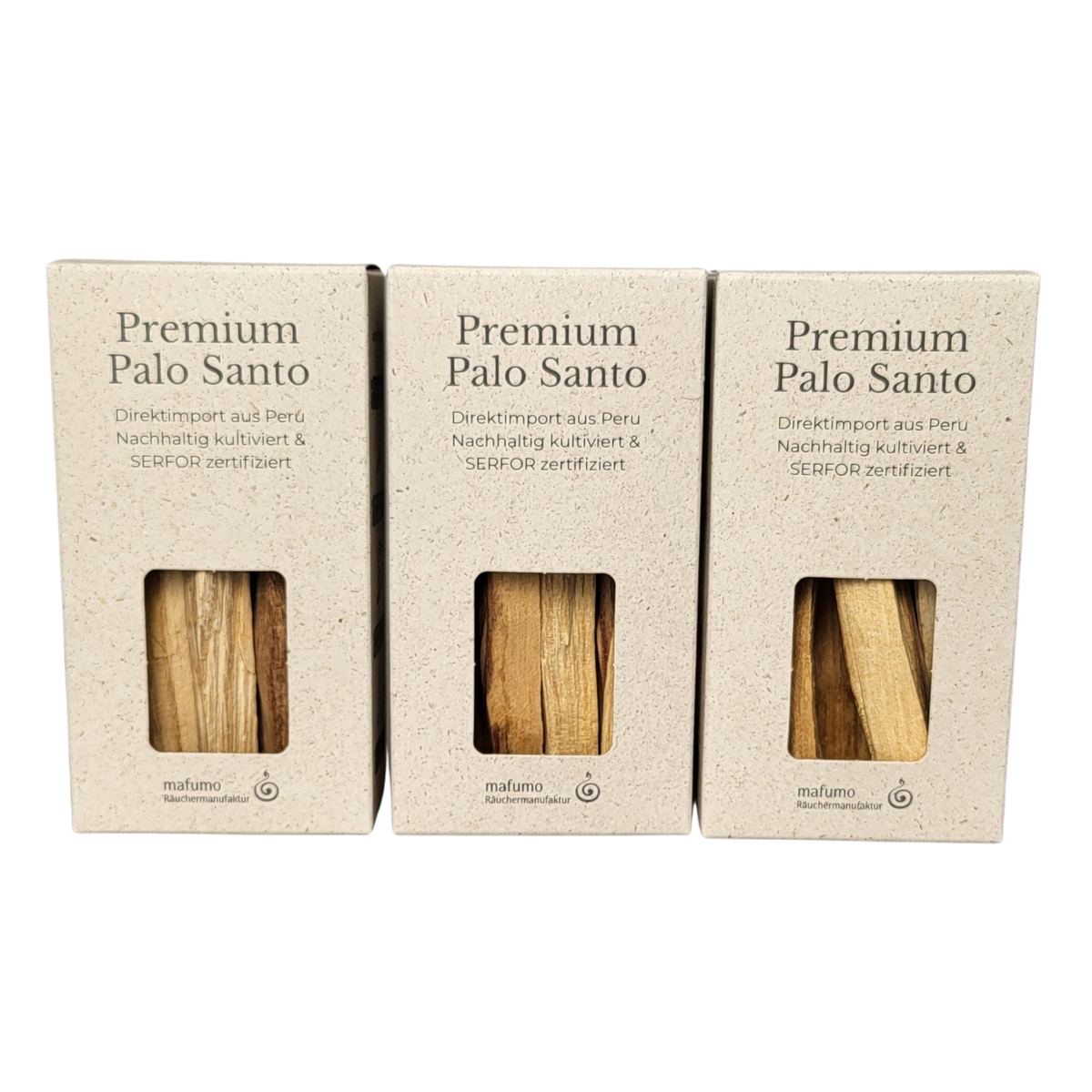 Bild zeigt 3 Boxen vom Palo Santo im nachhaltigen Graspapier-Karton. Jede Box enthält mind. 7 Sticks / mind. 60g
