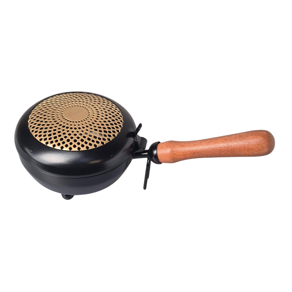Räucherpfanne groß seitlich – Eisen mit Messing-Deckel und Holzgriff, MAFUMO