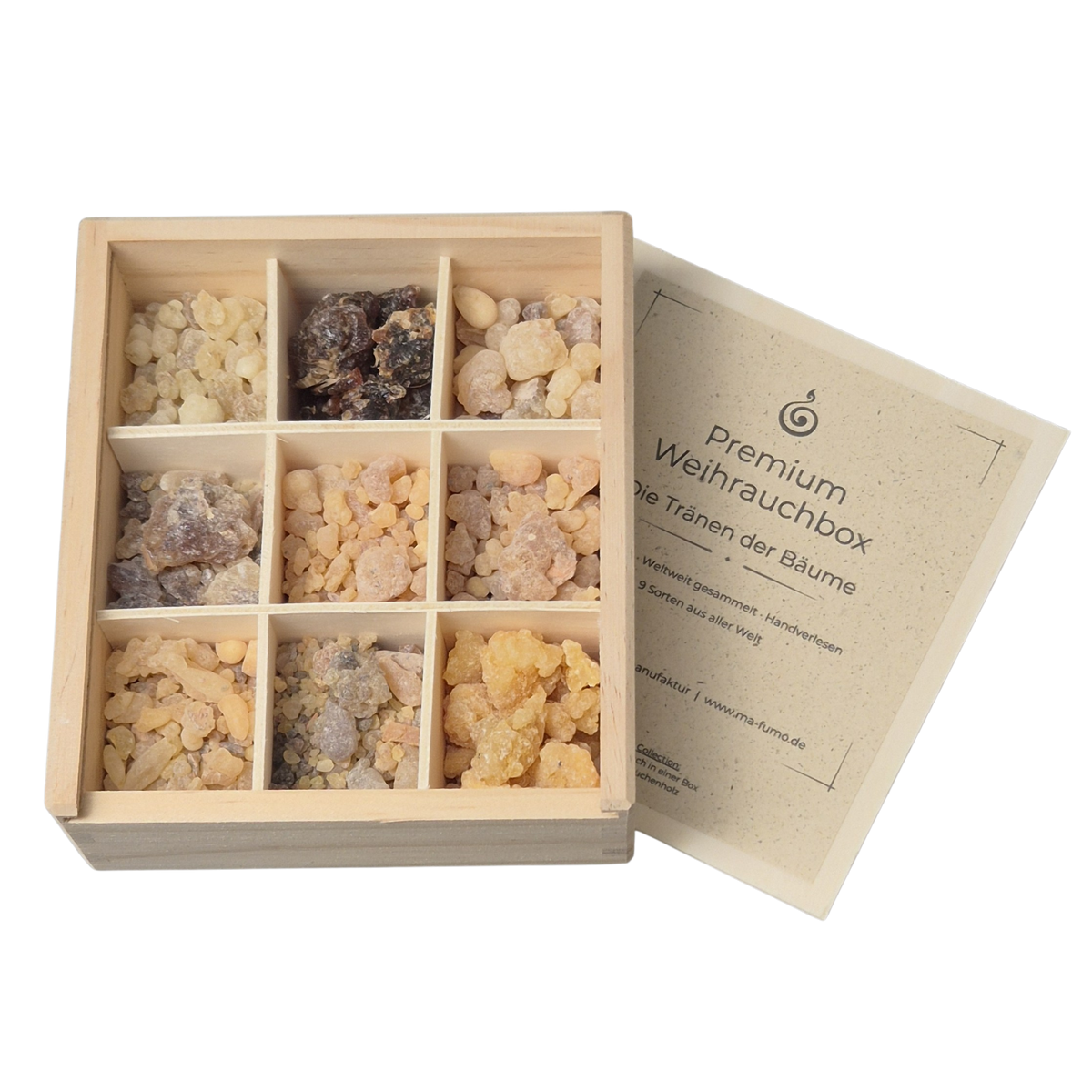 Premium Weihrauch-Box mit 9 erlesenen Weihrauchsorten aus aller Welt. Bild zeigt die geöffnete Box