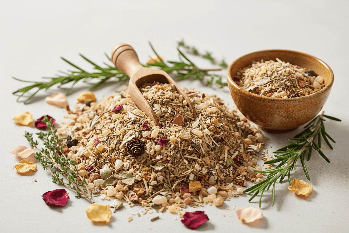 Natürliche Räuchermischung aus getrockneten Bio-Kräutern, Harzen und Hölzern mit Holzlöffel und Kräuterzweigen – handgemischte Räuchermischungen aus der MAFUMO Manufaktur