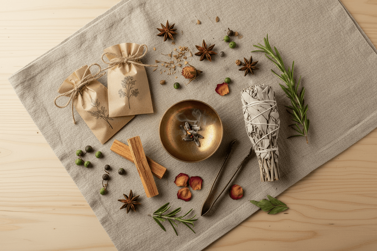 Räucher-Set mit Messing-Klangschale, Räuchermischungen in Kraftpapiertüten, Palo Santo, Weißem Salbei und getrockneten Kräutern – liebevoll zusammengestellte Räucher-Sets & Bundles bei MAFUMO