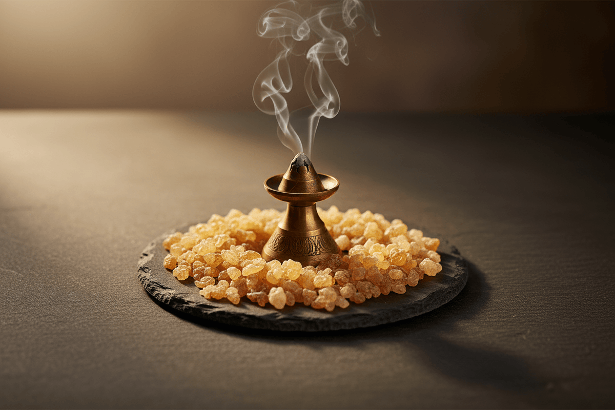 Goldene Weihrauchkörner mit einem Messing-Räuchergefäß und feinen Rauchschwaden – naturreiner Weihrauch für Klarheit, Tiefe und spirituelle Rituale bei MAFUMO