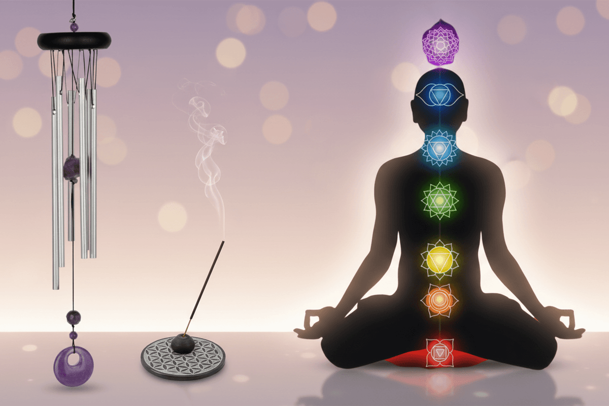 Amethyst Klangspiel (Chime) für Chakren und Meditation, brennendes Räucherstäbchen im Blume-des-Lebens-Halter, meditierende Person mit sieben Chakren