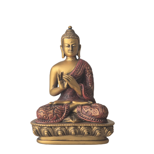 Buddha-Statue „Rad des Dharma“ in Rot und Gold mit Dharmachakra Mudra auf verziertem Sockel, Vorderansicht