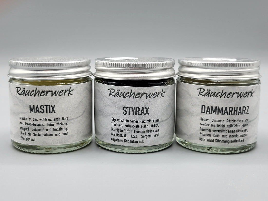 3 Weihrauchsorten im Set, zum probieren, Styrax, Mastix, Dammar, Räuchermischungen, MA-FUMO