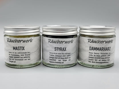 3 Weihrauchsorten im Set, zum probieren, Styrax, Mastix, Dammar, Räuchermischungen, MA-FUMO