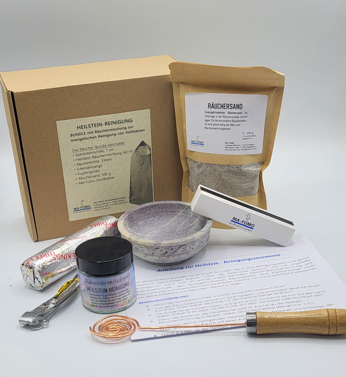 Räucherbundle Heilstein Reinigung – Set mit Specksteinschale, Räuchermischung, Kupferspirale und Zubehör von MAFUMO