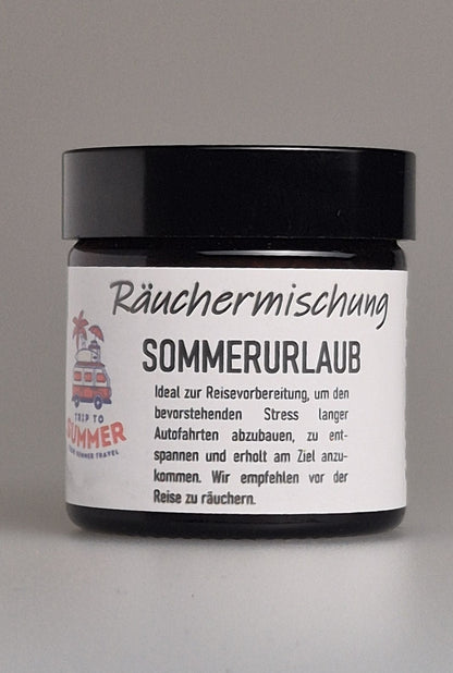 Räuchermischung Sommerurlaub in schwarzer Dose mit Etikett und Produktnamen
