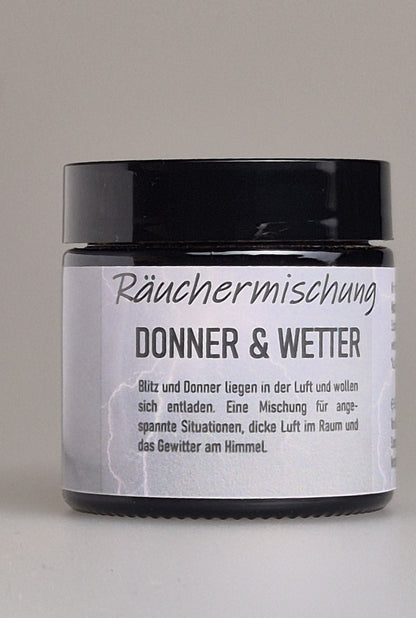 Räuchermischung Donner &amp; Wetter in schwarzer Dose mit Etikett und Produktnamen