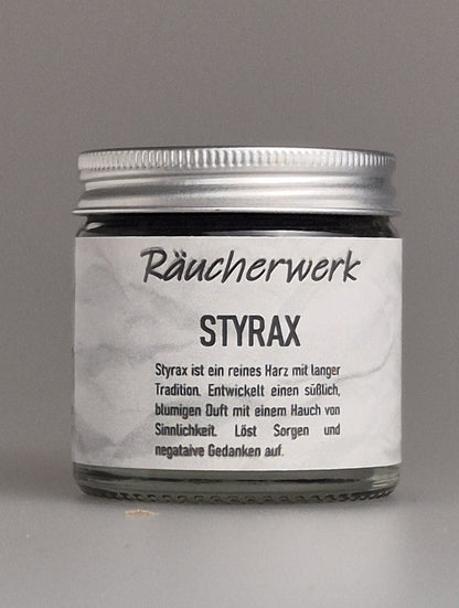 Räucherwerk, Räuchermischung, Styrax, Harz, blumig süßlicher Duft, löst Sorgen und negative Gedanken auf, Hauch von Sinnlichkeit, Liebe, Räuchermanufaktur, Ma-Fumo