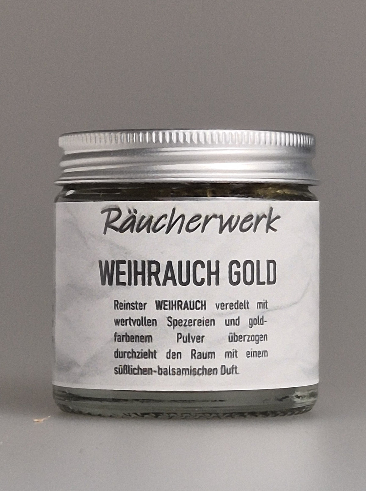 Räucherwerk, Weihrauch Gold, reiner Weihrauch veredelt mit wertvollen Spezereien, goldfarbenen Pulver, süßlich balsamischer Duft, Räuchermischungen, Räuchermanufaktur