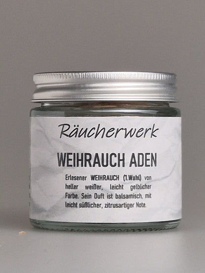 Räucherwerk, Weihrauch Aden, balsamische Note, zur Reinigung, weiße bis leicht gelbliche Farbe, feiner Duft, zitrusartige Note, Räuchermischungen, Räuchermanufaktur, Weihrauch