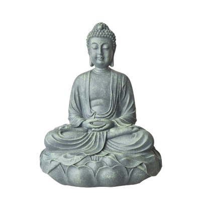 Grüne Buddha-Statue „Meditation“ mit Händen im Schoß in Dhyana Mudra und gekreuzten Beinen auf einem Lotussockel, Vorderansicht.