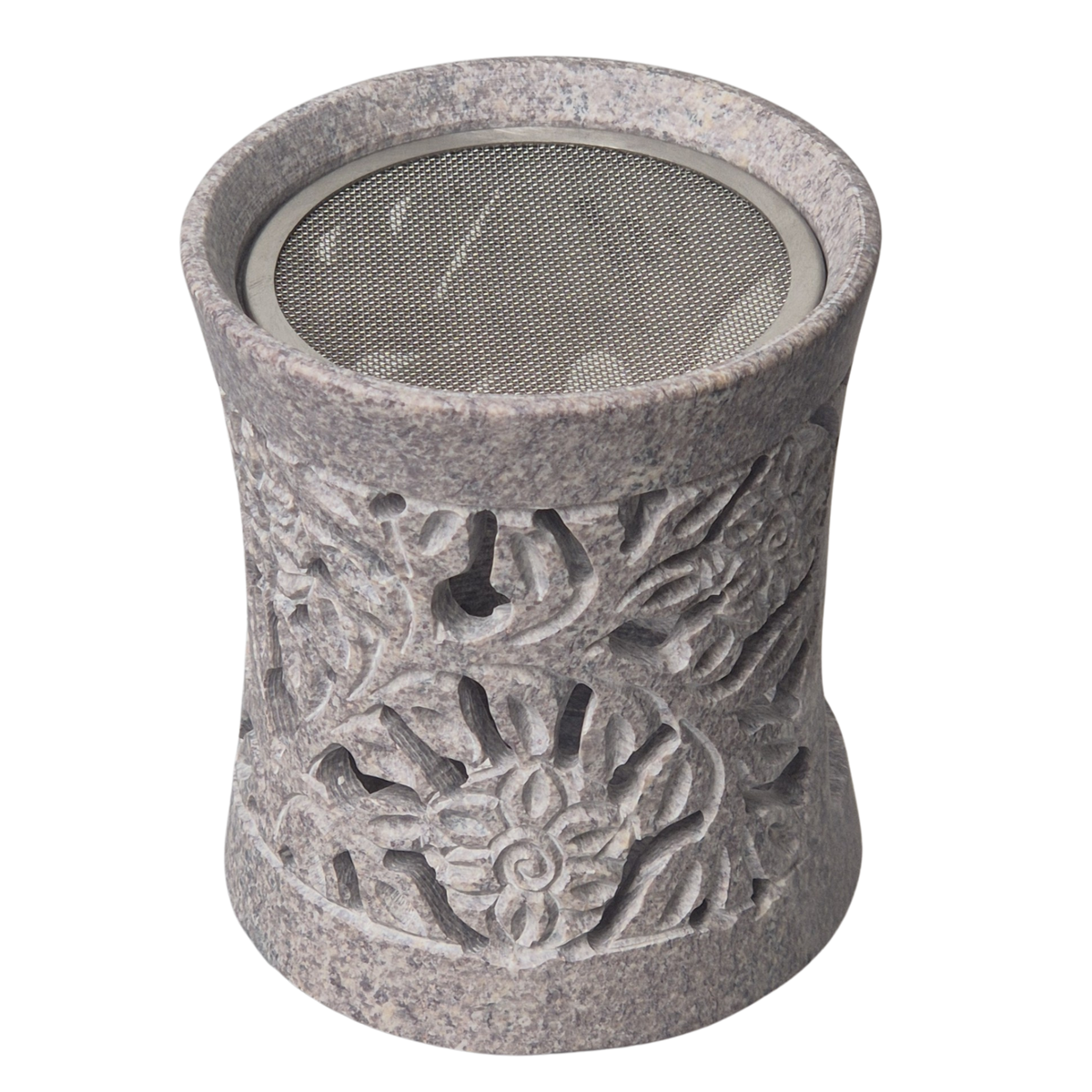 Speckstein Räuchergefäß, 6 cm Sieb, Farbe grau, Motiv Blume, im Mafumo Shop online zu bestellen