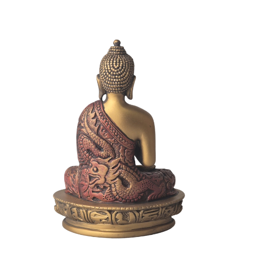 Buddha-Statue „Rad des Dharma“ in Rot und Gold, Rückansicht mit reich verziertem Gewand und Sockel
