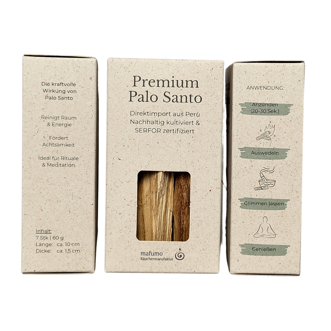 Verpackung - alle drei Seiten. Mit Anleitung zum Entzünden und die Wirkung von Palo Santo. Im Graspapier Karton - nachhaltig . Zertifiziertes Palo Santo Räucherholz, mind. 7 Sticks mit ca. 10 cm Länge