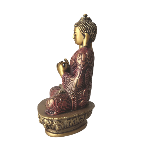 Gesicht nach links: Buddha-Statue „Rad des Dharma“ in Rot und Gold, Seitenansicht mit Gesicht nach links und verziertem Gewand