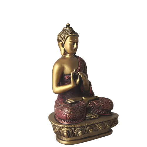 schräge Vorderansicht: Buddha-Statue „Rad des Dharma“ in Rot und Gold, schräge Vorderansicht mit Dharmachakra Mudra und verziertem Sockel