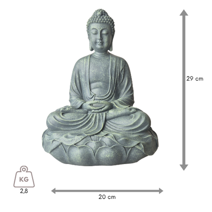 Grüne Buddha-Statue „Meditation“ auf einem Lotussockel, Vorderansicht mit Bemaßung zur Höhe von 29 cm.
