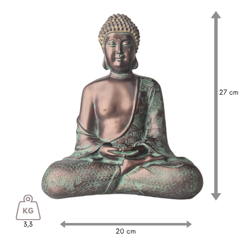 Buddha-Statue „Meditation“ in patinierter Bronzeoptik, Vorderansicht mit Bemaßung zur Höhe von 27 cm.