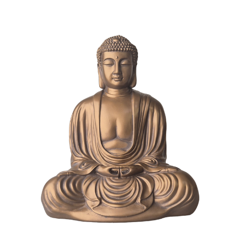 Bronzefarbene Buddha-Statue „Daibutsu“ im Schneidersitz mit Jo-in Mudra und faltenreichem Gewand, Vorderansicht.