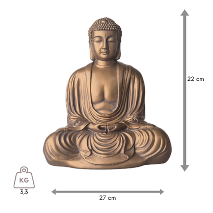 Bronzefarbene Buddha-Statue „Daibutsu“ mit Händen im Schoß, Vorderansicht mit Bemaßung zur Höhe von 22 cm.