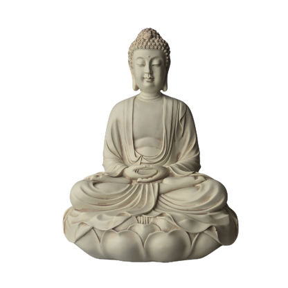 Elfenbeinweißer Amitabha-Buddha in Dhyana Mudra mit Händen im Schoß und faltenreichem Gewand auf Lotussockel, Vorderansicht.