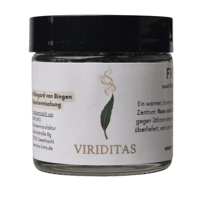 Glastiegel mit Logo Viriditas aus der Serie Räuchermischungen nach Hildegard von Bingen - exklusiv bei MAFUMO