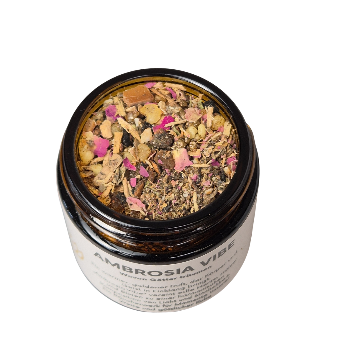 MAFUMO Räuchermischung AMBROSIA VIBE – Blick in den offenen Glastiegel mit naturreinen Kräutern und Harzen