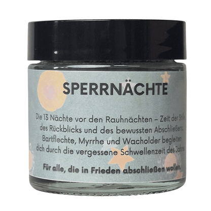 Räuchermischung Sperrnächte im 60ml Glastiegel, Bild mit Etikett und Beschriftung