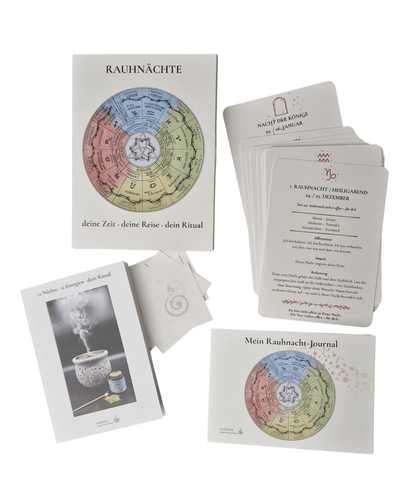 Rauchnacht-Set mit 13 Karten, Anleitung und Wunschritual und Journal - Sicht von oben auf  den Inhalt