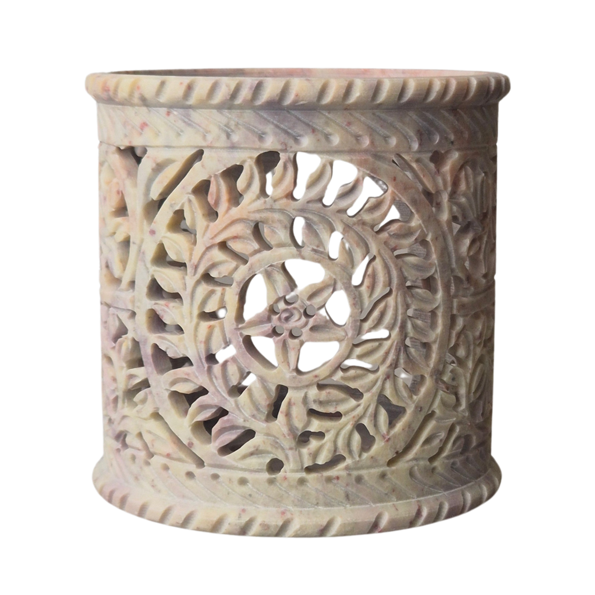 Räuchergefäß aus Speckstein mit Fine-Carving-Blütenmotiv, Frontansicht, Edelstahlsieb Ø 9 cm – MAFUMO Räuchermanufaktur