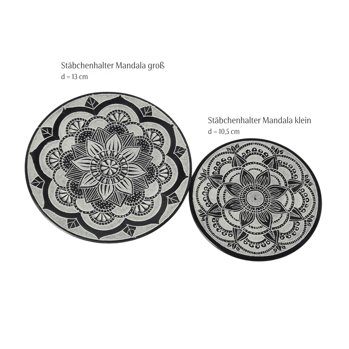 Stäbchenhalter Mandala groß (ø 13 cm) und klein (ø 10,5 cm) im Größenvergleich – MAFUMO
