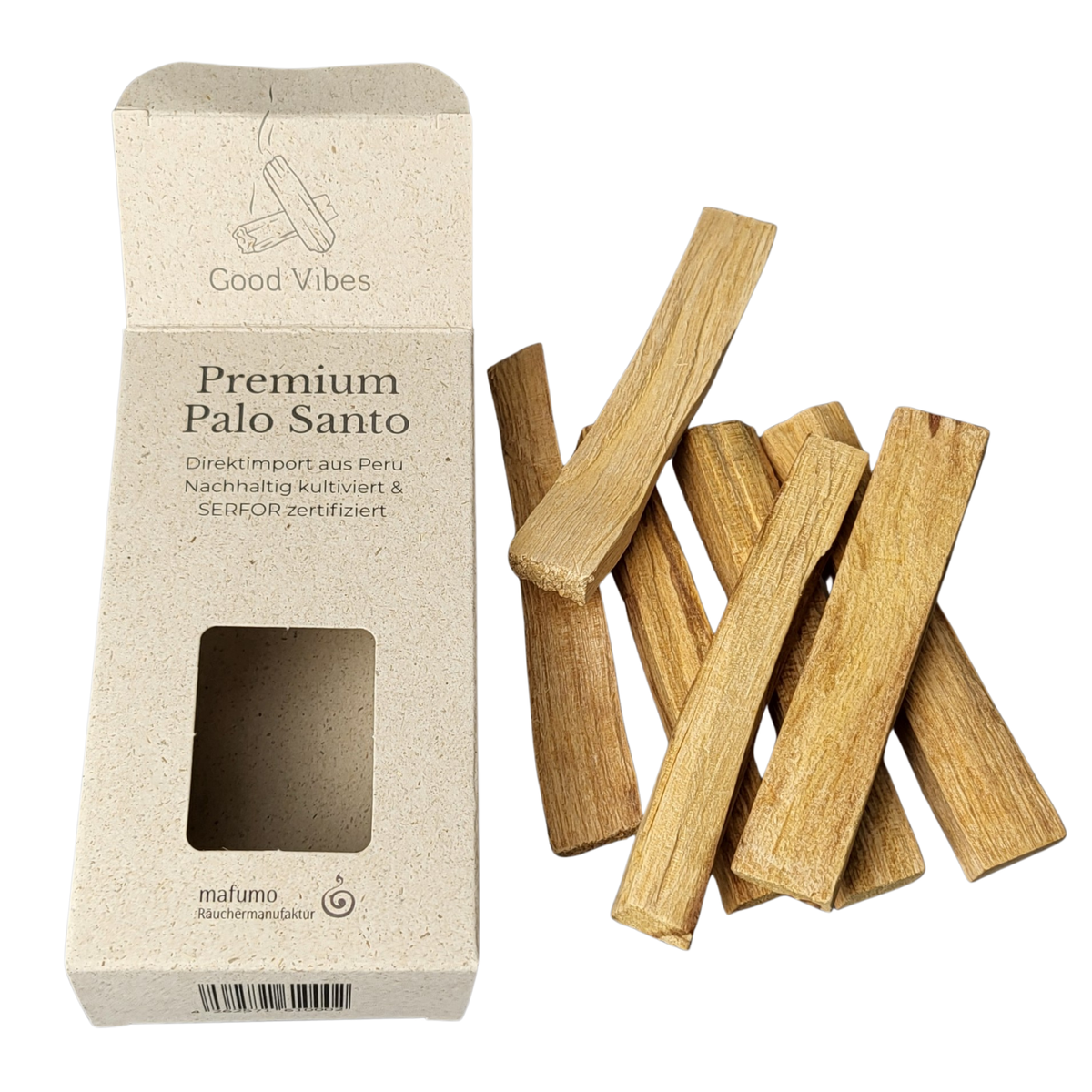 Verpackung  mit unserem Palo Santo - ausgepackt. Im nachhaltigen Graspapierkarton. Zertifiziertes Palo Santo Räucherholz, mind. 7 Sticks mit ca. 10 cm Länge