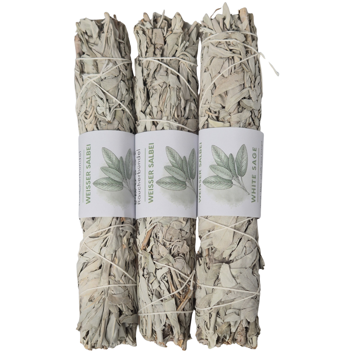 Bild zeigt 3 XXL Smudge vom White Sage - Räucherbündel. Jeder Smudge ist ca. 23cm lang