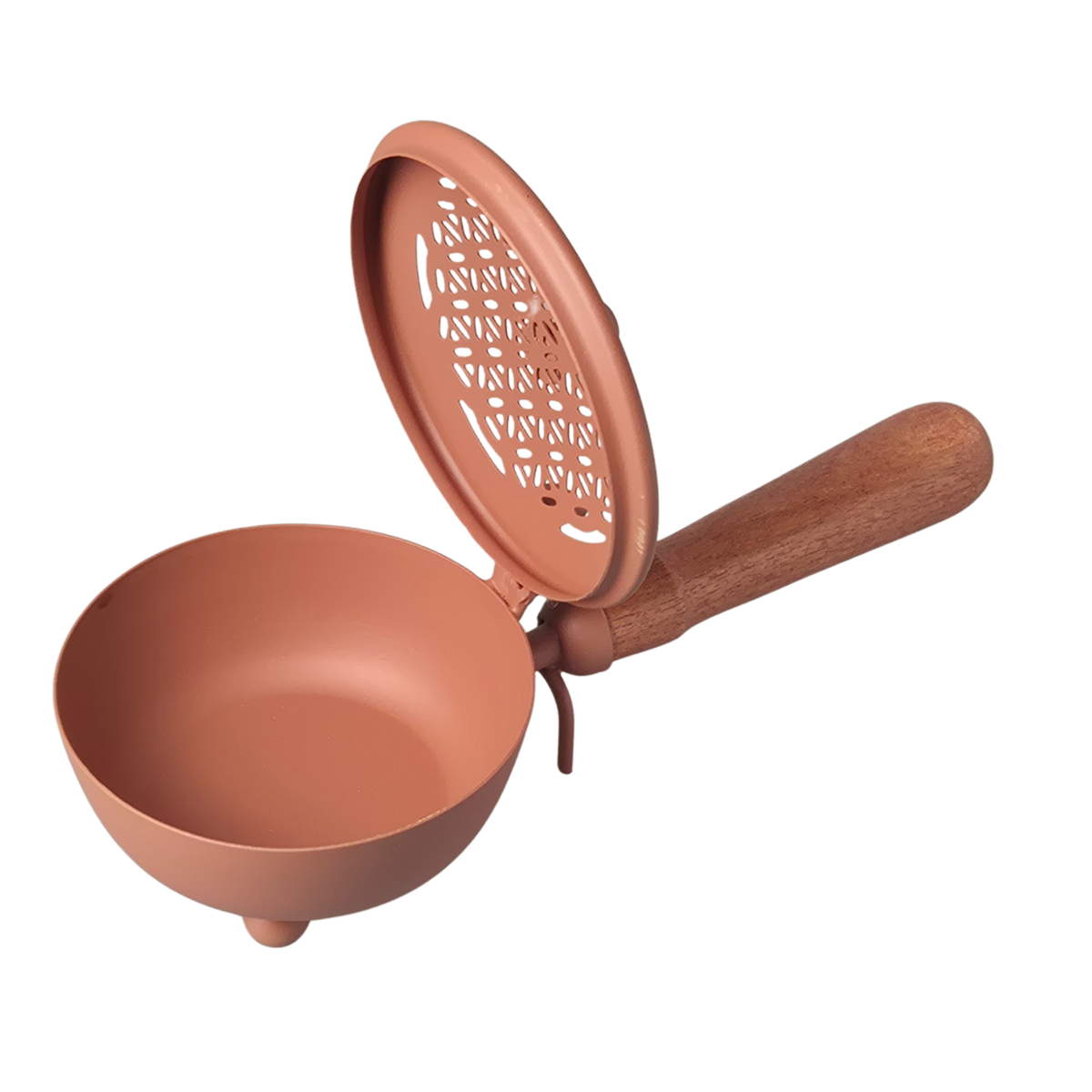 Räucherpfanne Tragegefäß aus Eisen mit Holzgriff von oben – Terrakotta, Blume des Lebens, MAFUMO