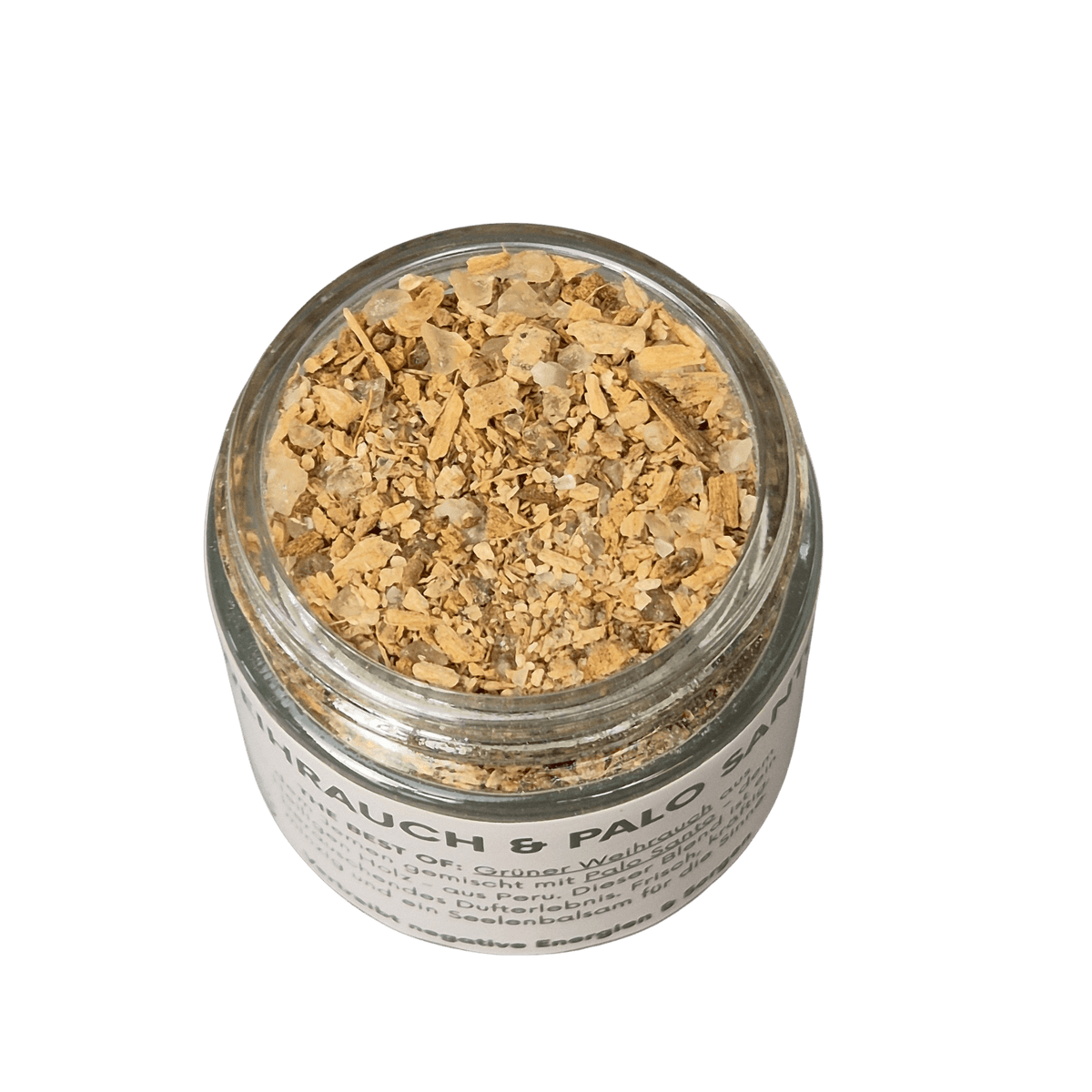 Räuchermischung Weihrauch Oman &amp; Palo Santo - im geöffneten Glastiegel - von MAFUMO
