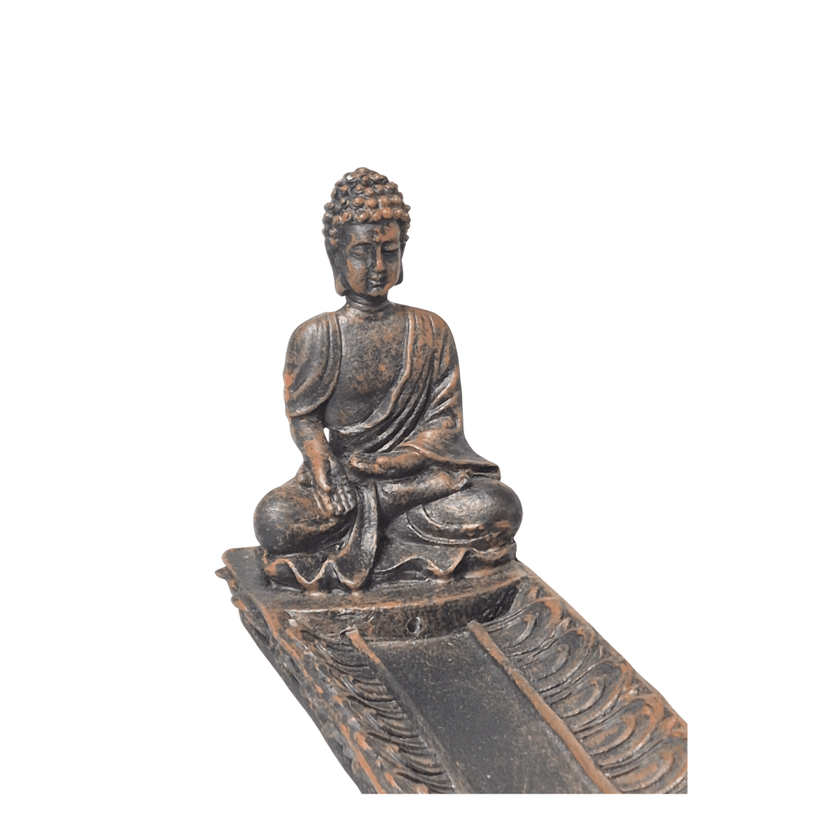 Buddha-Figur auf Räucherboot mit Hand ruhend auf dem Knie (Bhumisparsha-Geste), Seitenansicht, Bronze-Optik – MAFUMO