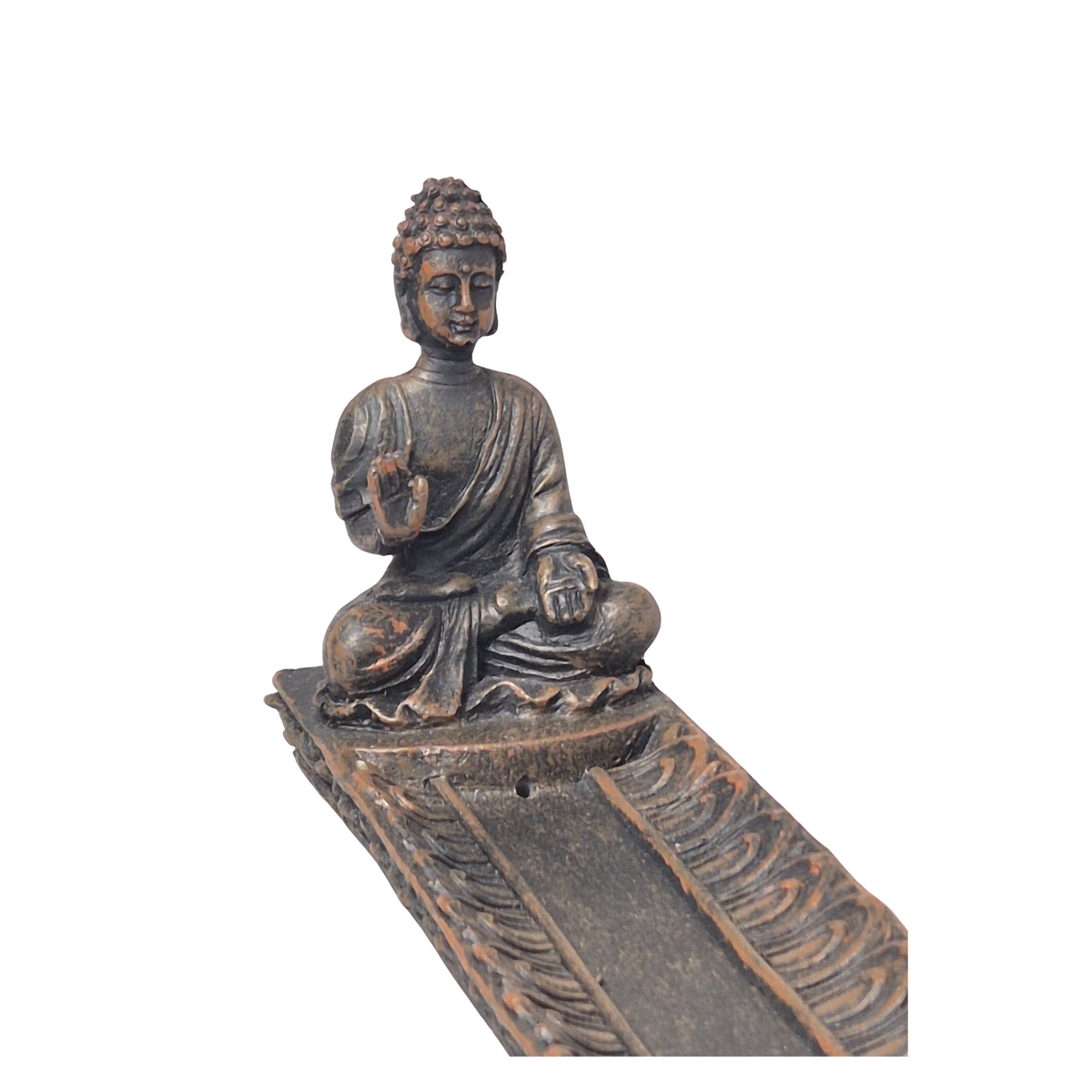 Buddha-Figur auf Räucherboot mit erhobener Hand in Segensgeste (Abhaya Mudra), andere Hand auf dem Knie ruhend, Bronze-Optik – MAFUMO