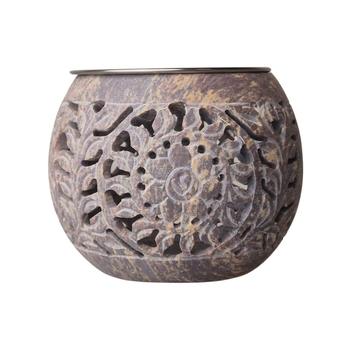 Speckstein mit Edelstahlsieb zum Räuchern, Räucherstövchen, Sieb mit einem d=ca. 9cm, h= ca. 9,5cm, bauchige Form 