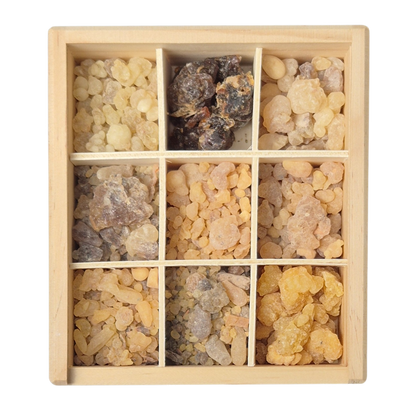 Premium Weihrauch-Box mit 9 erlesenen Weihrauchsorten aus aller Welt. Bild zeigt alle 9 Sorten im Detail